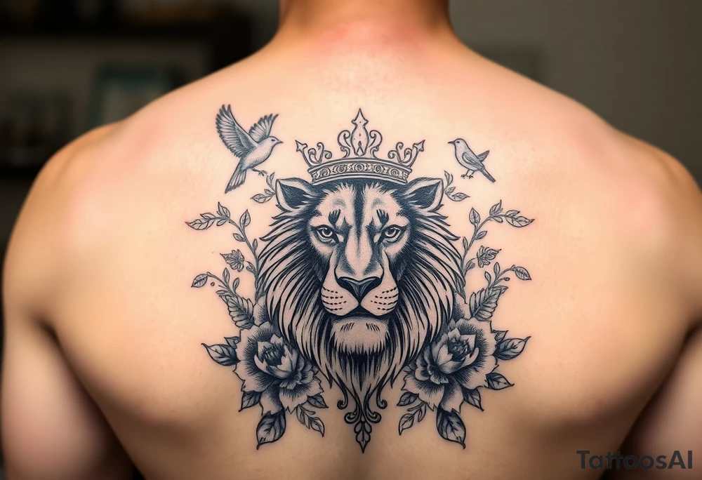 powerful majestic lion with a crown, surrounded by floral ornaments and birds tattoo idea