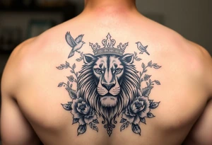 powerful majestic lion with a crown, surrounded by floral ornaments and birds tattoo idea