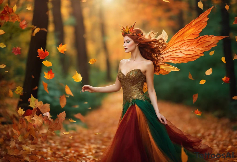 A winged fairy in the middle of a forest during the peak of autumn, twirling in a whirlwind of autumn leaves. The fairy's hair is auburn with copper colors and a crown of gold, orange, and red leaves adorning her head. Her eyes are emerald green with gold flecks, ruby lips and pale skin. Her dress a coppery orange, with leaves scattered on it. The fairly is swirling in a pile of leaves with arms raised overhead, looking at the sky. tattoo idea