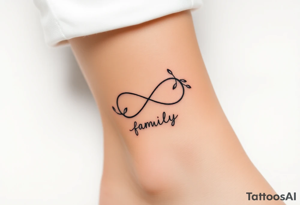 A delicate infinity symbol with intertwined vines, wrapped around the word "family," tattoo idea
