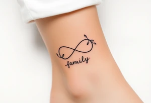 A delicate infinity symbol with intertwined vines, wrapped around the word "family," tattoo idea