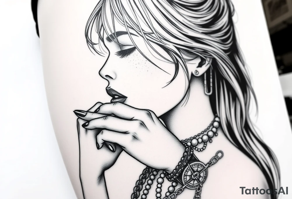 Profile of sexy woman with messy hair 
,resting chin on fist 
, mouth open  , lace, lipstick,  pearls 
compass and gun hand with rosary wrapped around hand tattoo idea