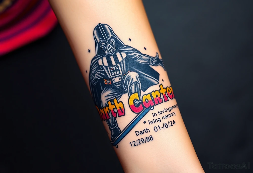 Darth Vader skateboarding > bullets > in loving memory
colorful
skateboard words "Darth Carter"
add date 12/29/88-01/06/24 tattoo idea