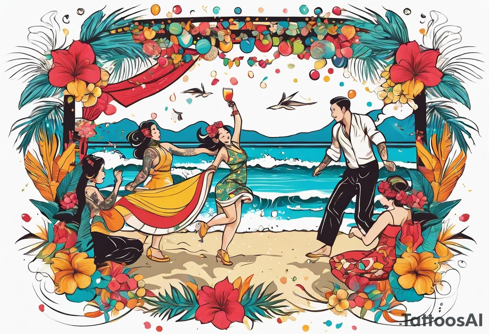 vintage beach dance party with music and confetti, tropical drinks tattoo idea