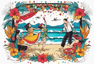 vintage beach dance party with music and confetti, tropical drinks tattoo idea