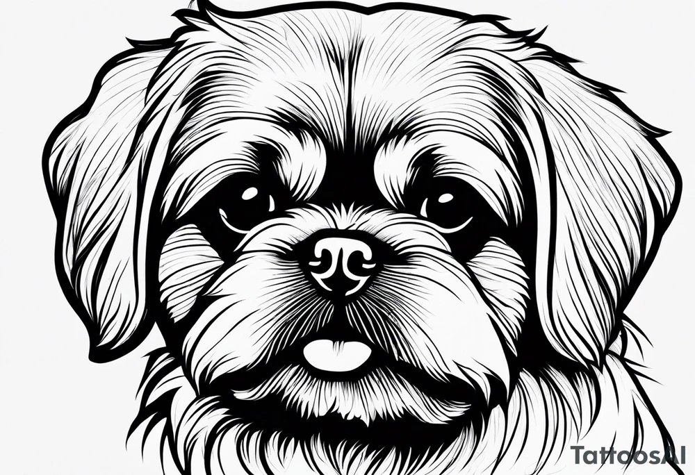 A mixed breed Pekingese and Shih-Tzu dog. Just the contours of the outline of his face. He has big eyes and cute crooked teeth. A one-line drawing. tattoo idea