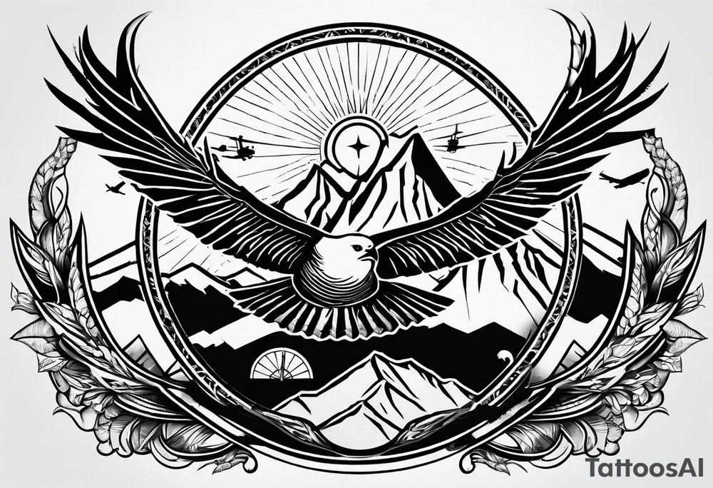 The word "HARK" as a banner with a mountain, compass and an airplane in a circular design tattoo idea