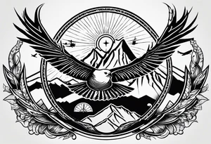 The word "HARK" as a banner with a mountain, compass and an airplane in a circular design tattoo idea