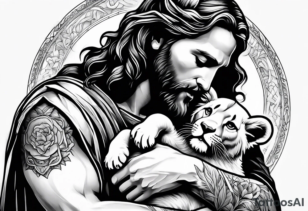 Jesus holding a lion cub tattoo idea