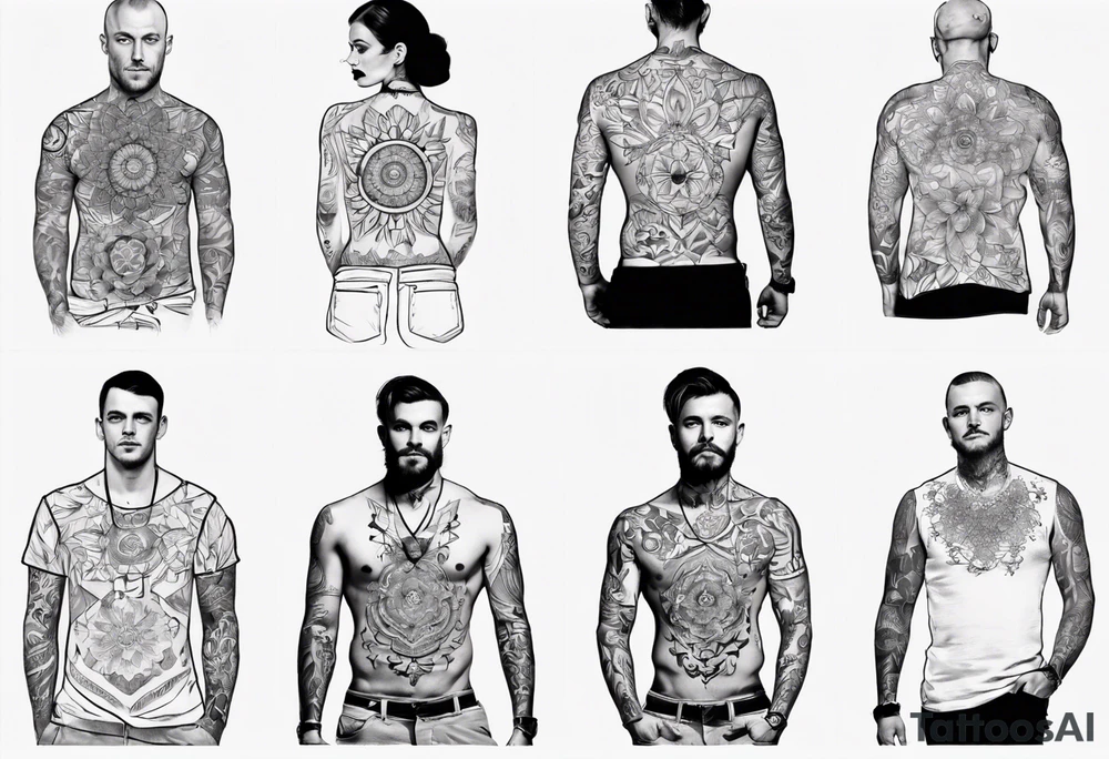 man with tattoos on both arms. from shoulder to elbow , each tattoo with beautiful women mixed with mandalas tattoo idea