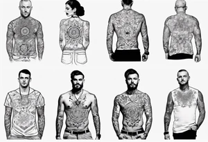 man with tattoos on both arms. from shoulder to elbow , each tattoo with beautiful women mixed with mandalas tattoo idea