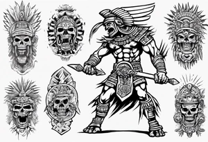 aztec death god warrior fighting against the gods as the sunrise from the ground tattoo idea