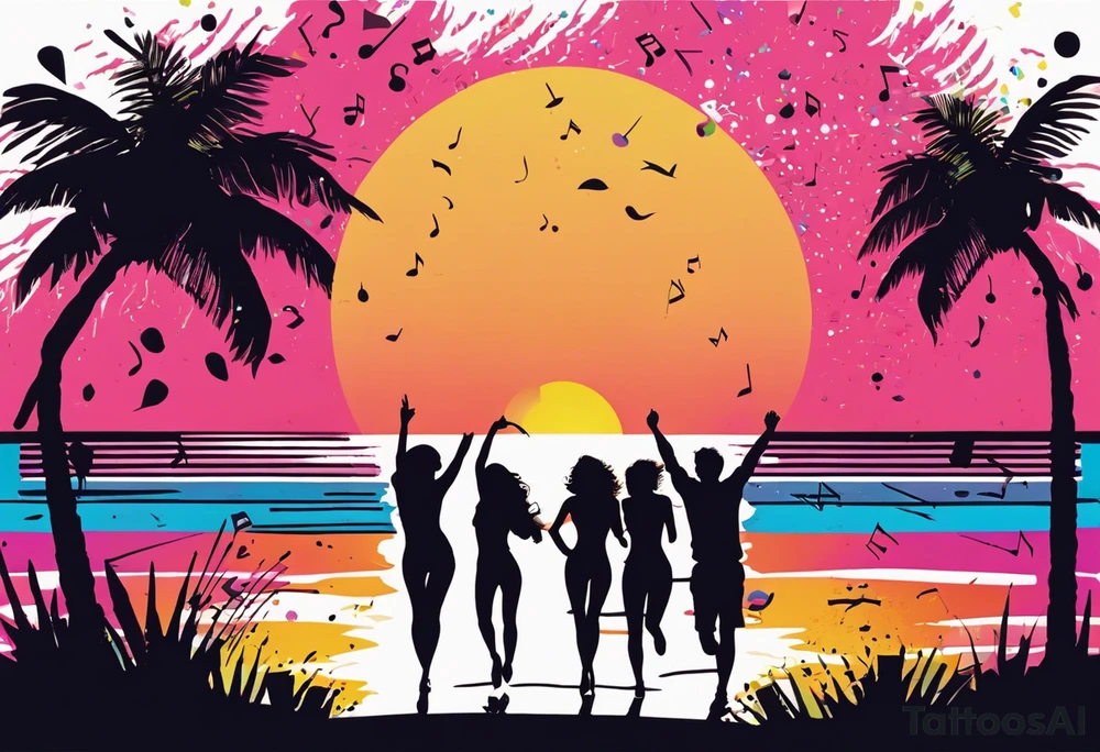 1980's miami vice style beach dance 
party, include confetti, music notes, boom box, SILHOUETTE bikinis sunset in the center tattoo idea