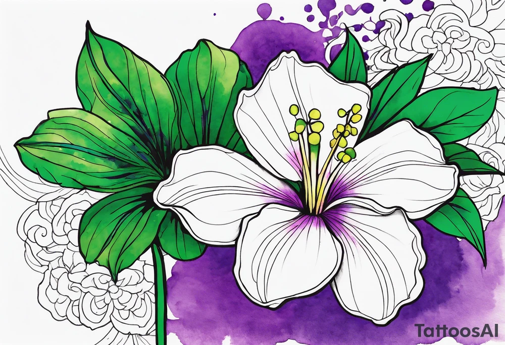 An outline of a rio dipladenia flower with a green and purple watercolor paint in the background tattoo idea