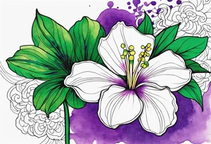 An outline of a rio dipladenia flower with a green and purple watercolor paint in the background tattoo idea