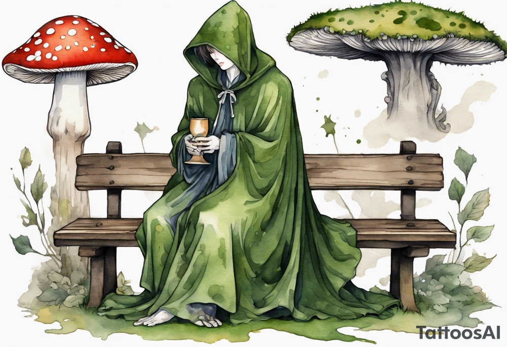 a mossy mushroom wearing medieval cloak sitting on a bench drinking from a wood cup tattoo idea
