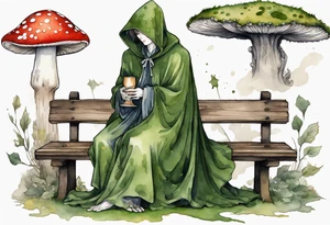 a mossy mushroom wearing medieval cloak sitting on a bench drinking from a wood cup tattoo idea