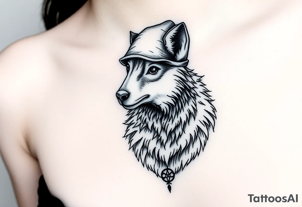 Wolf wearing a sheep like a costume with the sheep's head as a hat tattoo idea