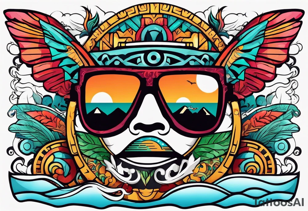 Colorful Mayan hieroglyph with sunglasses reflecting Chichen itza with bats and waves tattoo idea