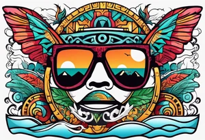 Colorful Mayan hieroglyph with sunglasses reflecting Chichen itza with bats and waves tattoo idea