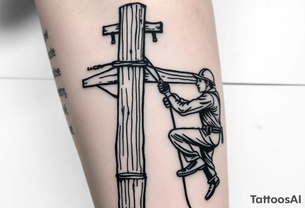 power lineman climbing a wooden 12kv pole. Make the pole a cross that has a hidden resemblance to god. tattoo idea