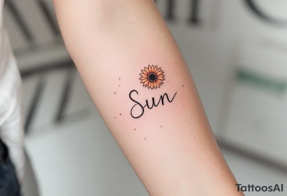 Word "Sun" written vertical with small sunflower in pink tattoo idea