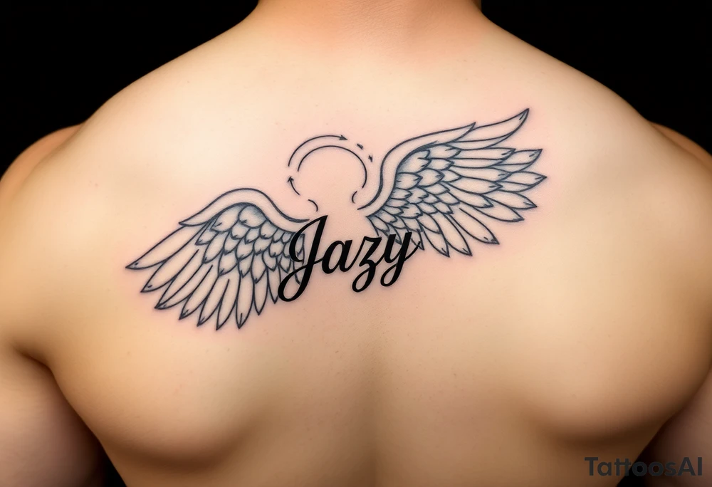 upper shooulder tattoo - Remembrance angel of a deceased best friend with the name Jazy incorporated tattoo idea