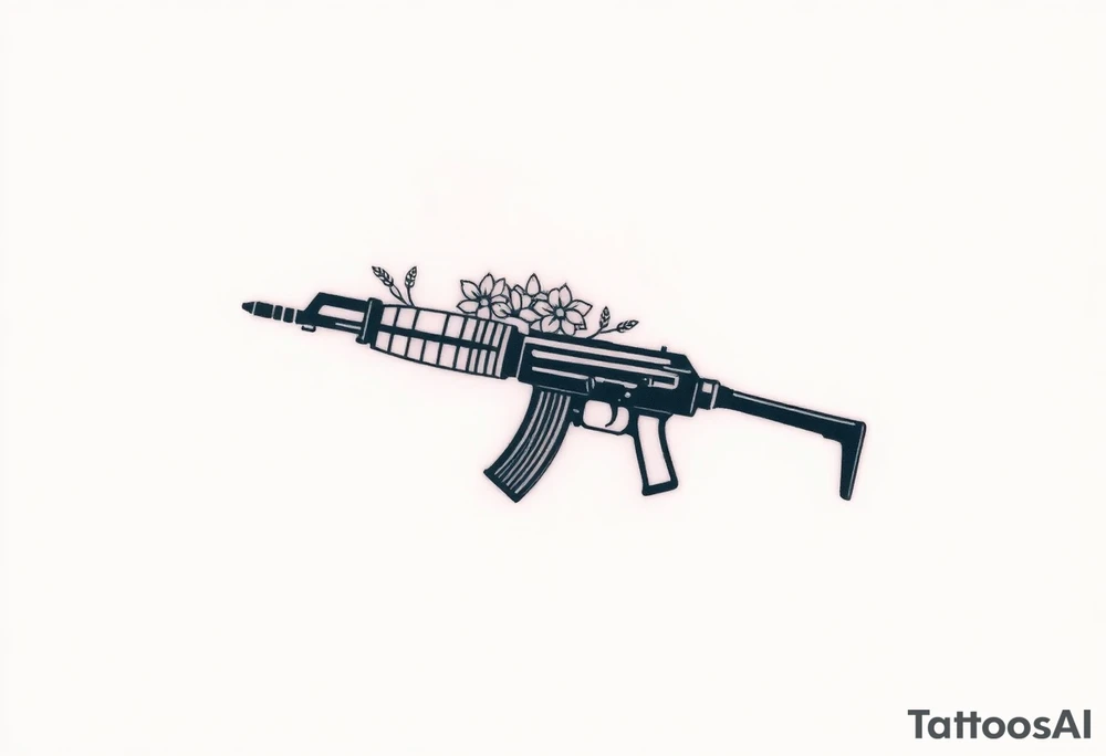 ak 47 black silhouette with floreal details tattoo idea