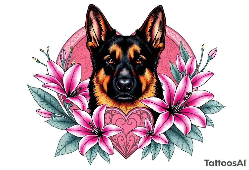 strong looking short haired german shepherd with alert ears surrounded by pink lilies with large leaves in front of a sacred heart tattoo idea
