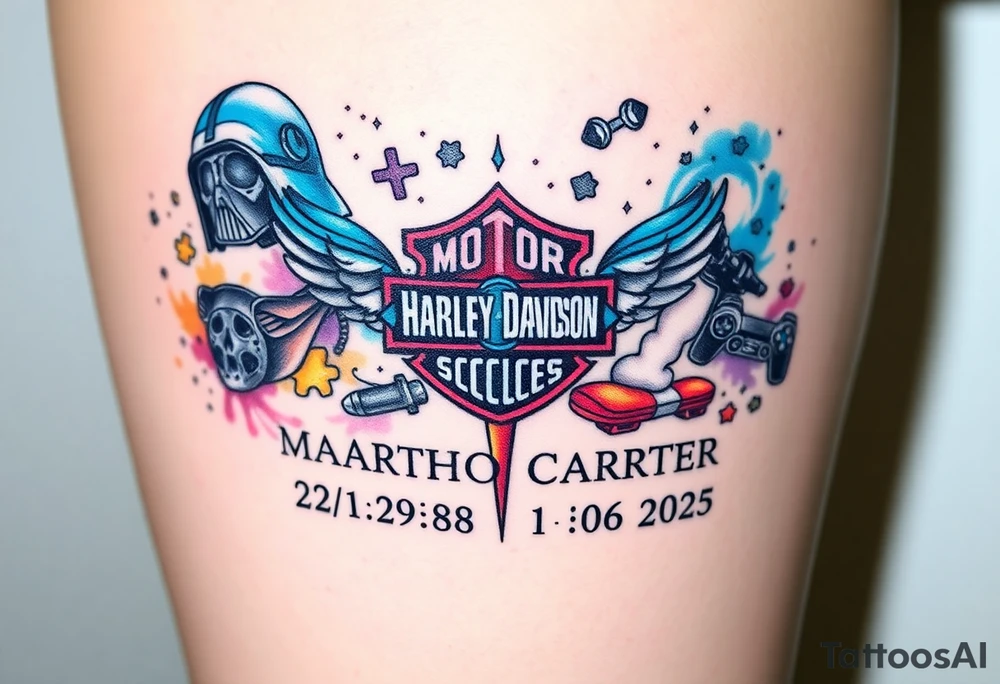 colorful futuristic memory tattoo for passed boyfriend;, star wars, Harley Davidson, skateboarding, puzzle pieces, video games, heaven, god, outdoors, 9mm bullet, words MEMENTO MORI & DARTH CARTER 12/29/88-01/06/2025 tattoo idea