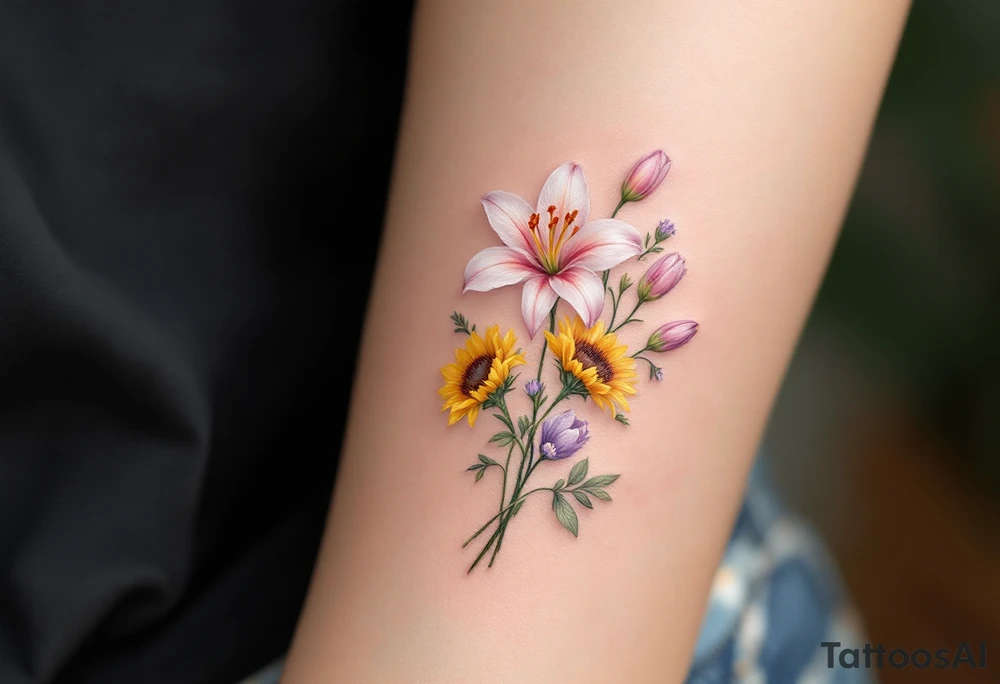 Small Stargazer lillies pale pink with no outline 
with small yellow sunflowers and pale purple tulip buds in a dainty wildflower bouquet with light green stems tattoo idea