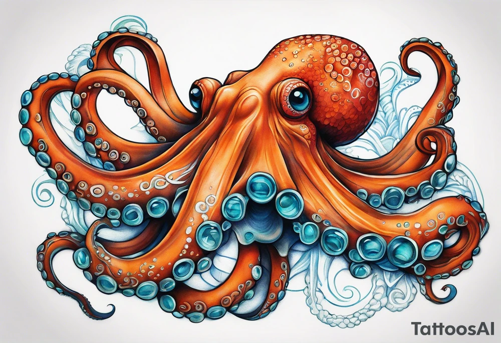 Orange and red Octopus with blue and teal suckers tattoo idea