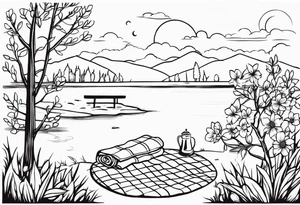 picnic scene in nature by a lake with bushes, tress and flowers, with a shecker blanket, a picnic basket, pillows and a sun in the sky tattoo idea