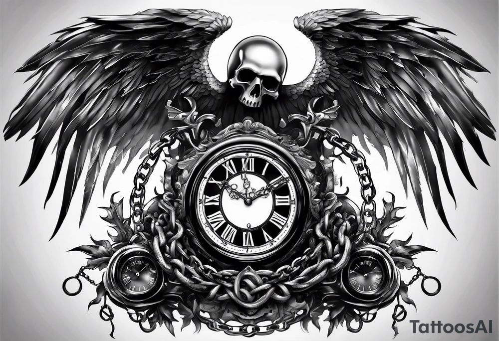 Hyper realistic clock that’s almost broken with Angel of death with chains tattoo idea Hyper realistic clock that’s almost broken with Angel of death with chains tattoo idea