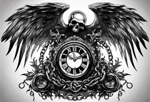 Hyper realistic clock that’s almost broken with Angel of death with chains tattoo idea