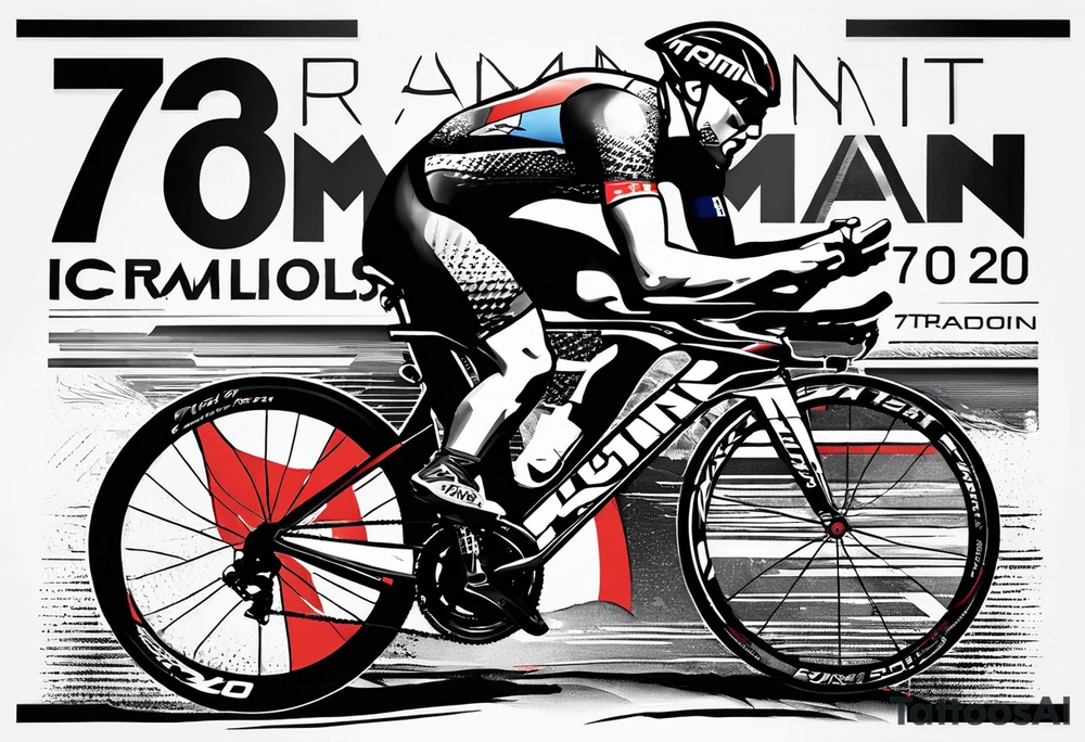 Ironman Triathlon 70.2 in Wilmington North Carolina. Featuring the three Disciplines of a triathlon swimming, cycling and running. Also including the Ironman M-DOT Logo and the Number 70.2 in a North Carolina Landscape tattoo idea