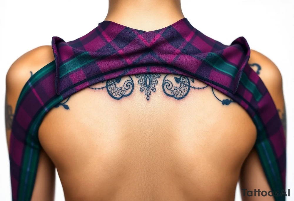 Chest 
Dark Purple with green pink blue and white highlights tartan fabric with skin around edges peeling and wrapping around side of shoulder tattoo idea