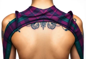 Chest 
Dark Purple with green pink blue and white highlights tartan fabric with skin around edges peeling and wrapping around side of shoulder tattoo idea