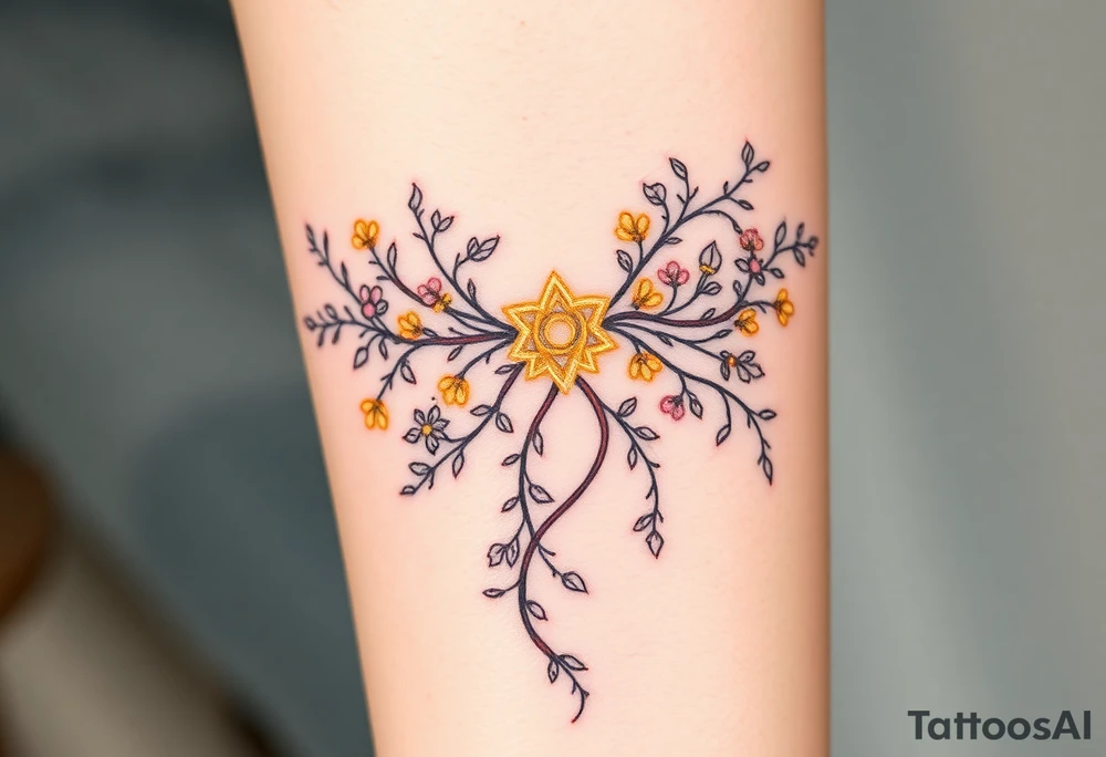 An enchanted bow made of intertwining vines and flowers, with golden Sagittarius glyphs glowing among the leaves tattoo idea