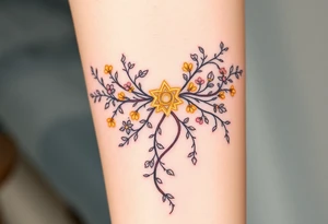 An enchanted bow made of intertwining vines and flowers, with golden Sagittarius glyphs glowing among the leaves tattoo idea