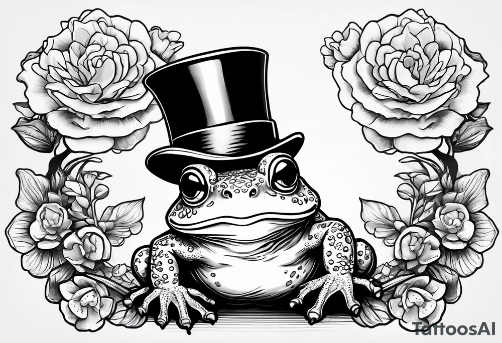 Cute toad standing on back legs  in a top hat and a formal suit holding flowers to go on a date tattoo idea