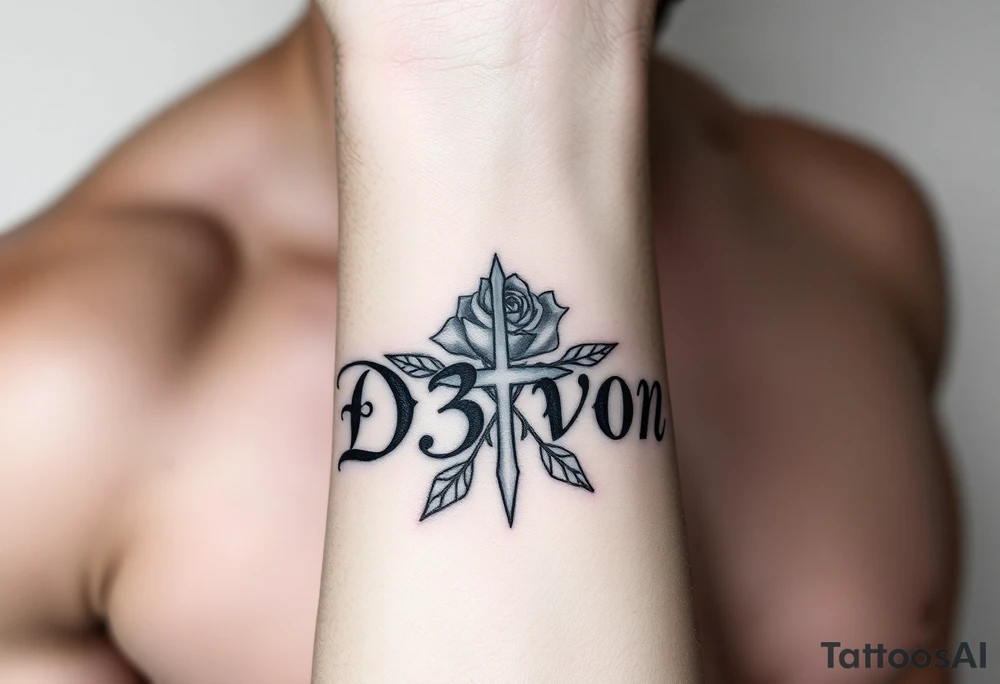 Name D3von with a rose and cross in the middle tattoo idea