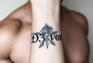 Name D3von with a rose and cross in the middle tattoo idea