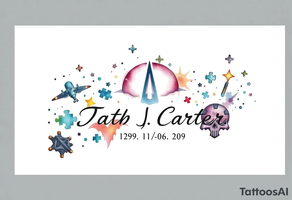 futuristic, spacey, memory tattoo: star wars, space, Harley Davidson, skateboarding, camping, puzzle pieces, video games, heaven, god, outdoors, bullets,12/29/88-01/06/2025 memento mori Seth J. Carter "Darth Carter" tattoo idea