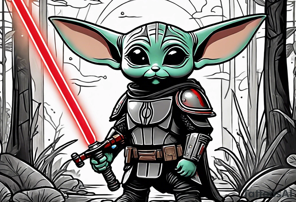 Baby Grogu wearing black mandalorian armor,  holding a red lightsaber in a swamp tattoo idea