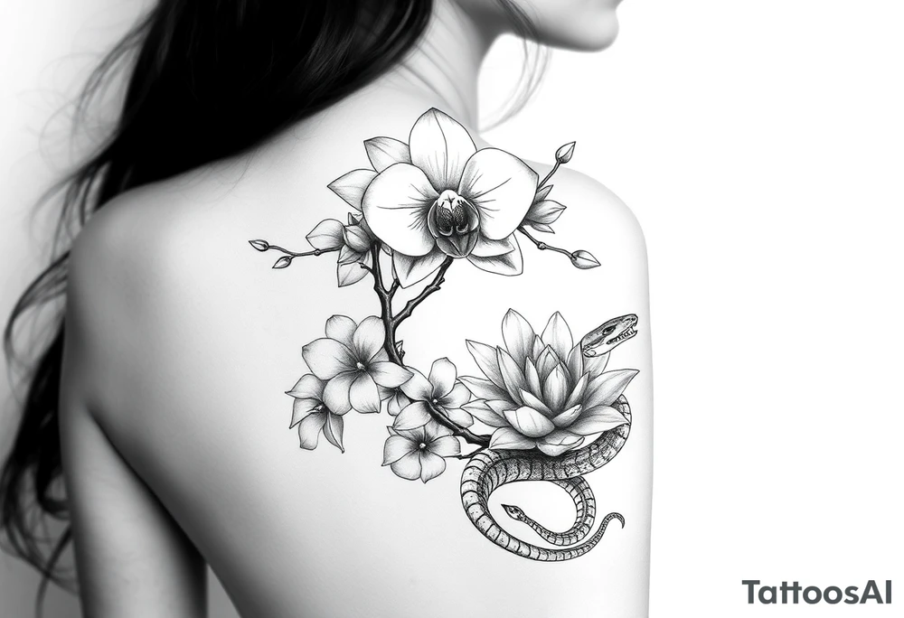 Orchid or cherry blossom tree and lotus and snake on a woman tattoo idea
