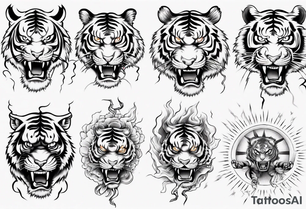 Tiger sleeve tattoo with lightning and the sun tattoo idea