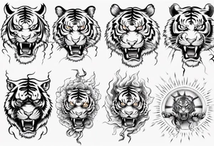 Tiger sleeve tattoo with lightning and the sun tattoo idea