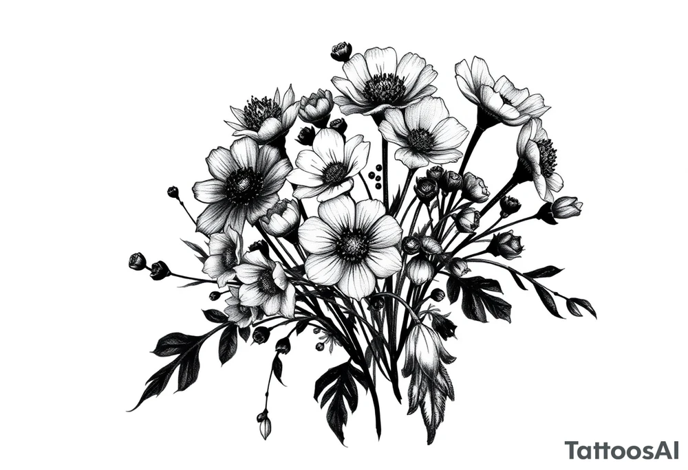A cluster of wildflowers, with solid black shadows at the base and lighter stippling toward the petals. Some flowers in full bloom while some flowers dying, with petals dropping and falling, symbolizing the passage of time. tattoo idea