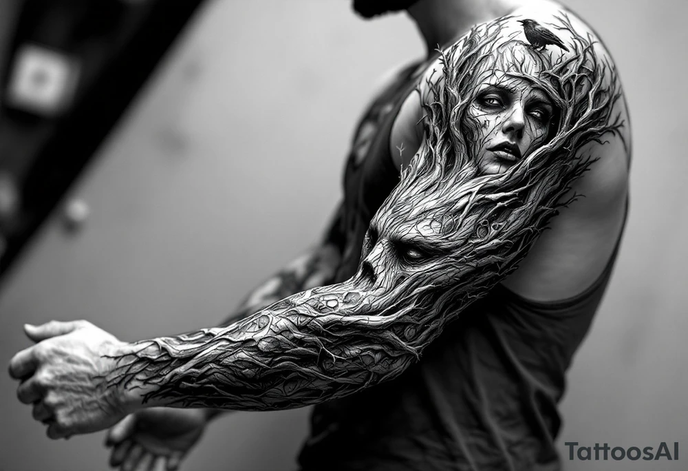 Entire arm tattooed like tree bark with face carved into it and a raven on the shoulder and chest tattoo idea